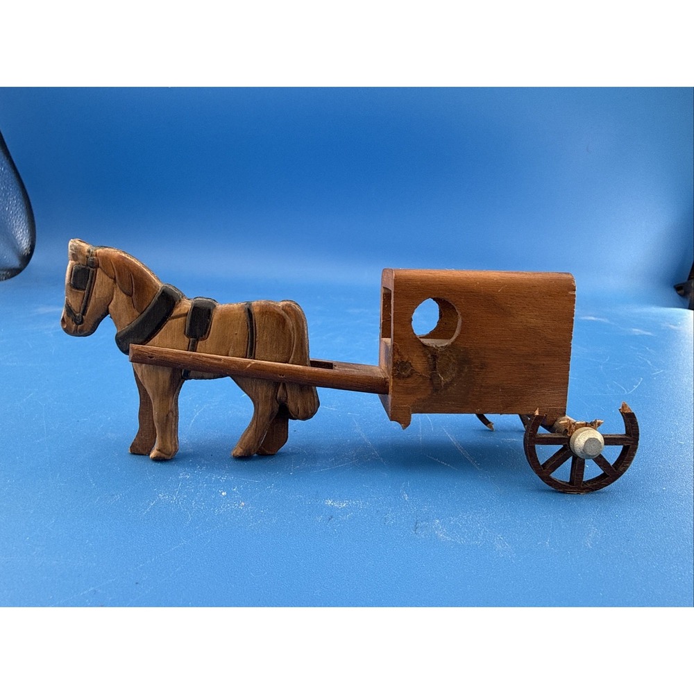 VTG Folk Art Wooden Amish Horse & Buggy Hand Carved Miniature Figurine